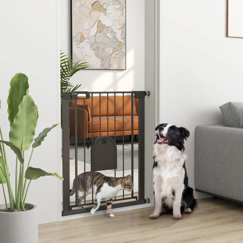 30"-32" Extra Wide Pet Gate Barrier with Small Door, 35"H Dog Gate with Safety Gate Barrier, Stair Pressure Fit, Black