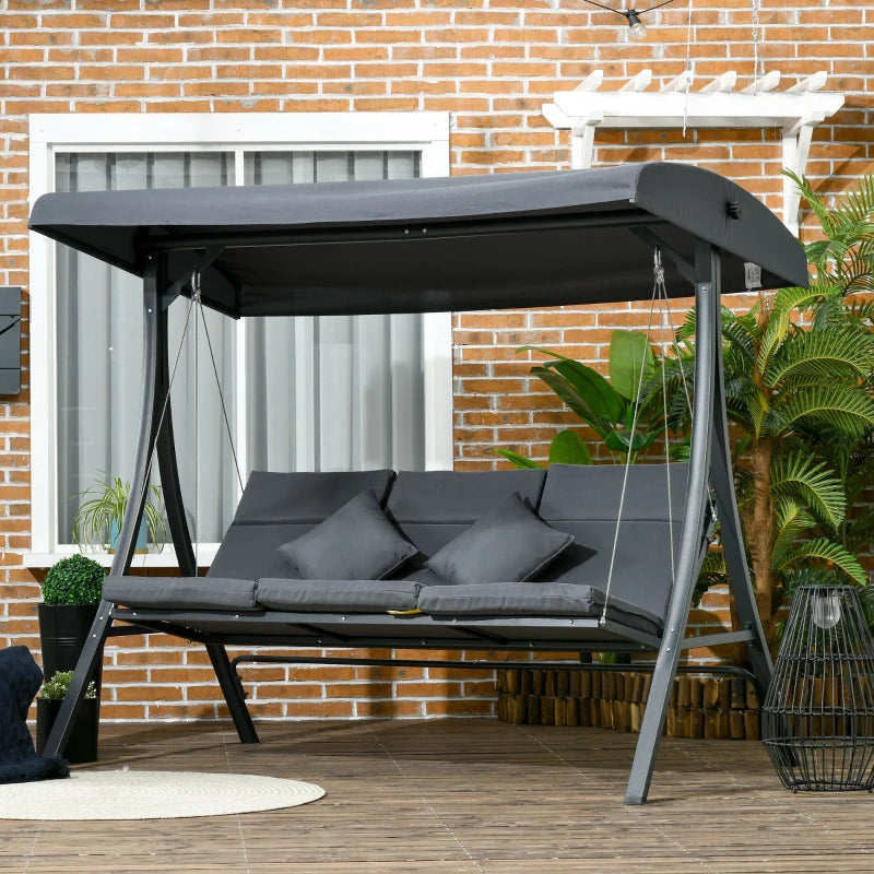 3-Person Patio Swing Chair, Outdoor Porch Swing Bench with Adjustable Canopy, Cushioned Seat, Dark Grey