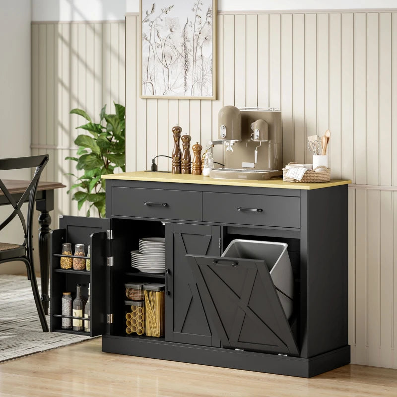 7 Gallon Tilt Out Garbage Cabinet, Kitchen Island with Charging Station, 2 Drawers, 4 Door Racks, Black
