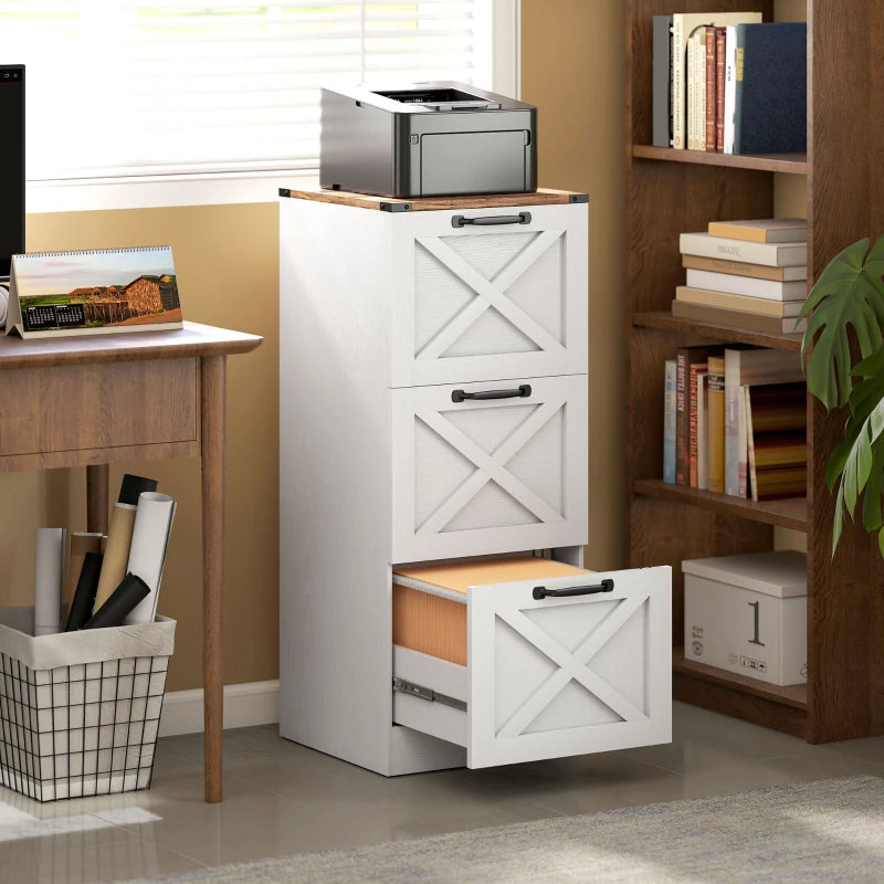 3 Drawer File Cabinet with Silent Slides, Vertical Farmhouse Filing Cabinet Fits Letter/A4 Size Home Office, White