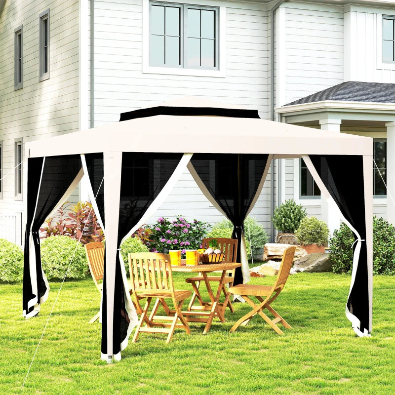 10' x 10' Outdoor Canopy Tent Party Tent with Mesh Netting and Double Tier Roof for Backyard, Garden, Patio, Cream White