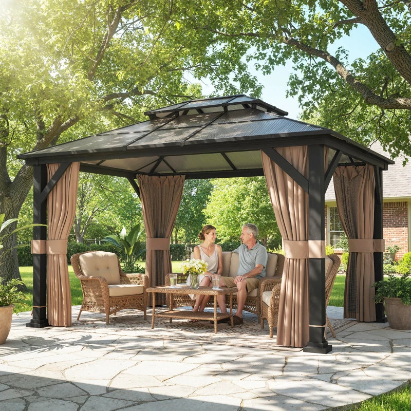 10' x 12' Hardtop Gazebo Canopy with Double PC Roof, Steel Permanent Outdoor Gazebo with Curtains and Netting, Khaki