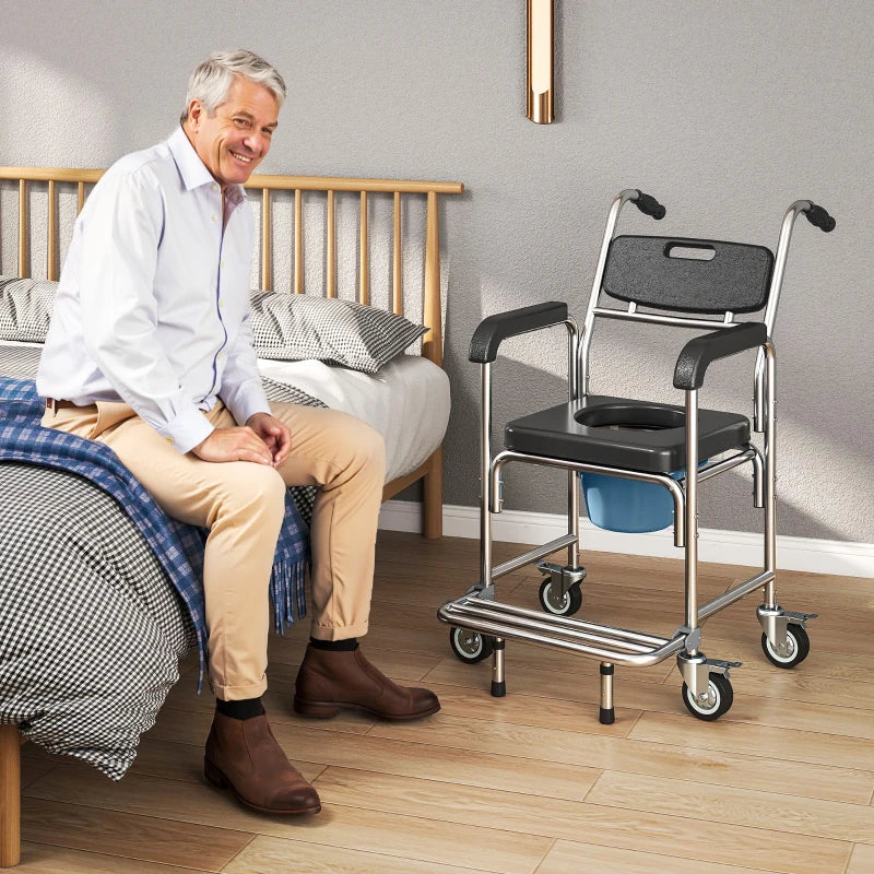 3-in-1 Shower Commode Wheelchair, Transport Beside Commode Chair with Padded Seat for the Elderly, Disabled