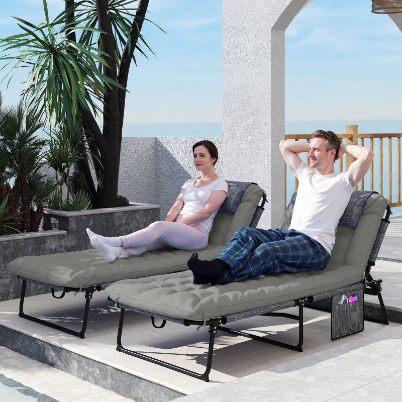 2-Piece Folding Lounge Chairs with Adjustable Backrest, Tanning Chair with Cushion, Side Pocket, Headrest, Grey