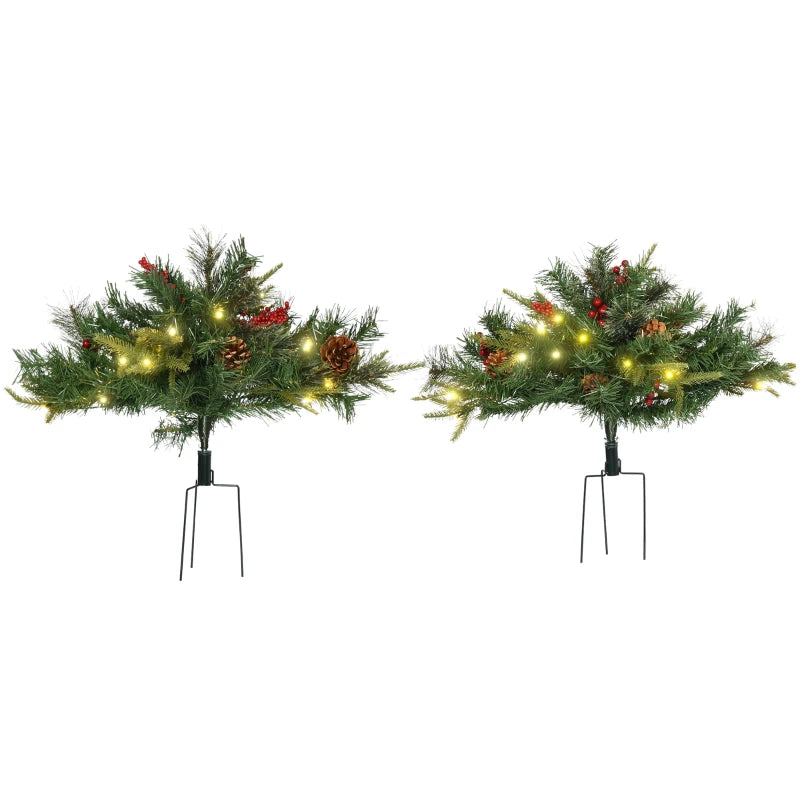 1.5 Foot/16 inch 2 Pack Prelit Artificial Christmas Tree Cordless with 69 Branches, Warm White LED lights, Red Berries, Pine Cones, for Outdoor Entryway, Green