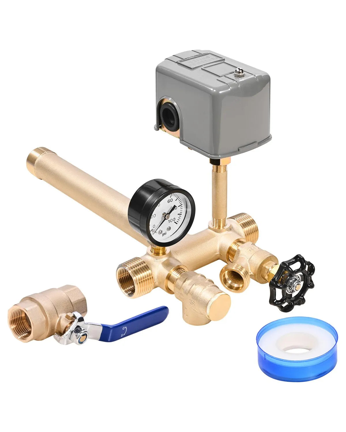 VEVOR 1"x11" Well Pressure Tank Tee Kit 30/50PSI Pressure Switch 1 in Gate Valve
