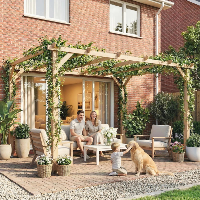 10' x 13' Wooden Pergola, Outdoor Pergola Gazebo Grape Trellis with Triangle Supports, Concrete Anchors, Nature Wood