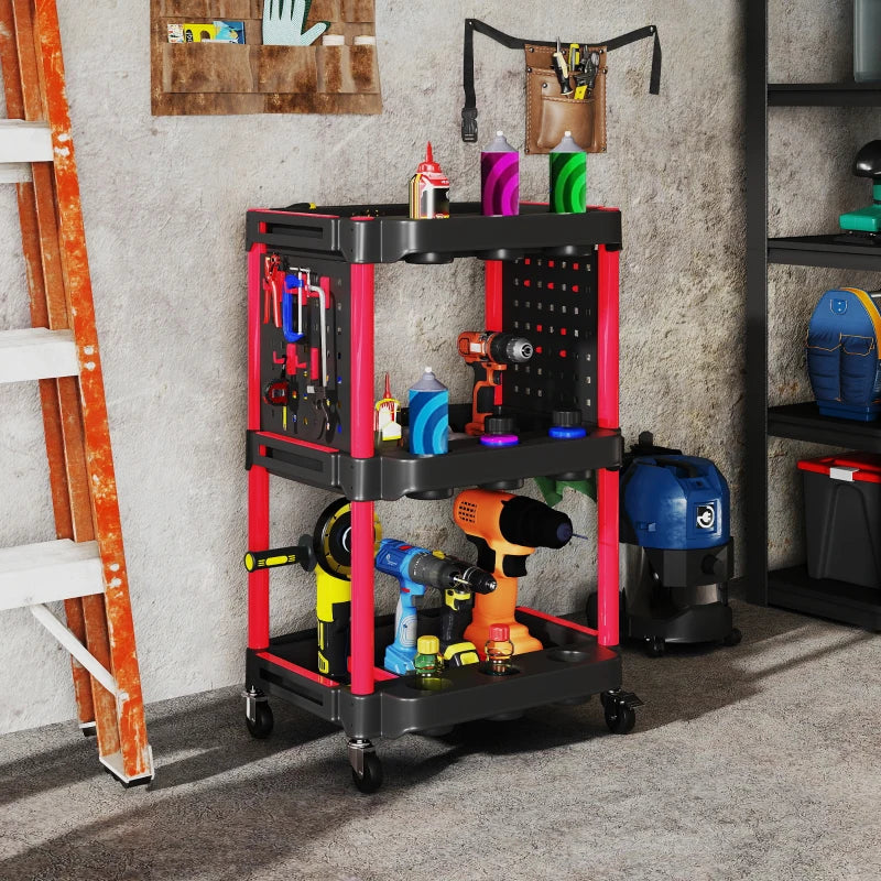 3-Tier Rolling Tool Cart with Wheels, 200 LBS Capacity Plastic Utility Cart for Garage, Warehouse, Workshop, Black & Red
