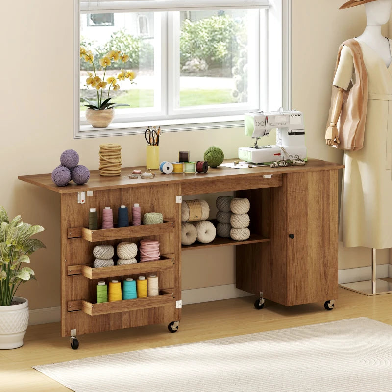 Sewing Machine Table with Drop Leaf, Folding Craft Table with 2 Doors and Adjustable Shelf for Small Spaces, Brown