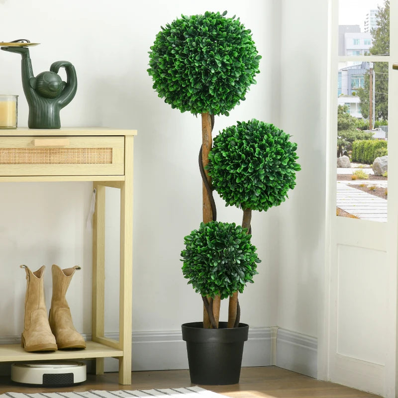 3.6ft Artificial Tree, Triple Ball Boxwood Topiary with Pot and Sandalwood Leaves, for Indoor Outdoor Home