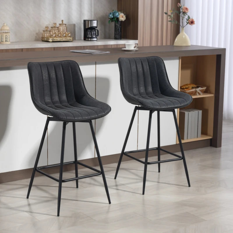 Set of 2 Counter Height Barstools, PU Leather Upholstered Bar Stools with Backrest, Footrest and Steel Legs, Black