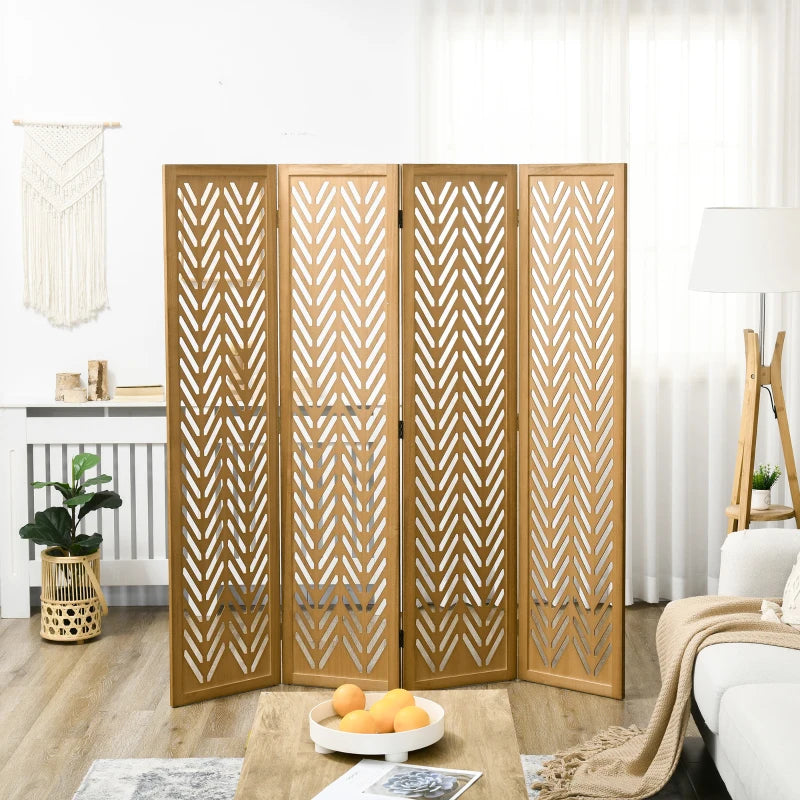 4 Panel Room Divider, 5.6ft Tall Wood Folding Privacy Screens, Freestanding Partition Wall Dividers, Light Brown