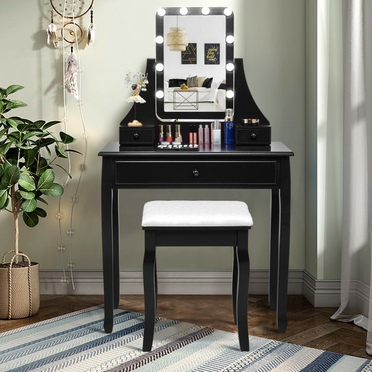 10 LED Lighted Mirror and 3 Drawers Vanity Table Set-Black