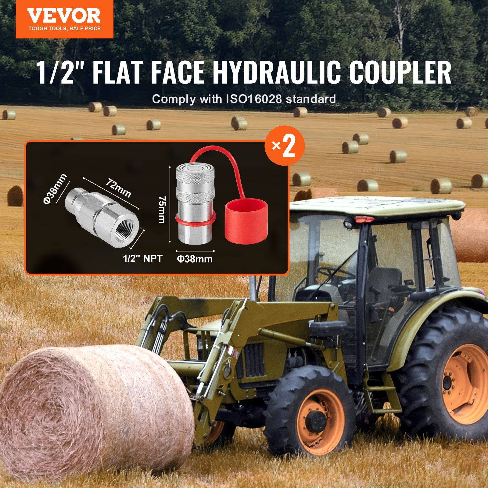VEVOR 1/2" Flat Face Hydraulic Couplers, 1/2" NPT Skid Steer Hydraulic Quick Connect Couplers with 4 Dust Caps (ISO16028)