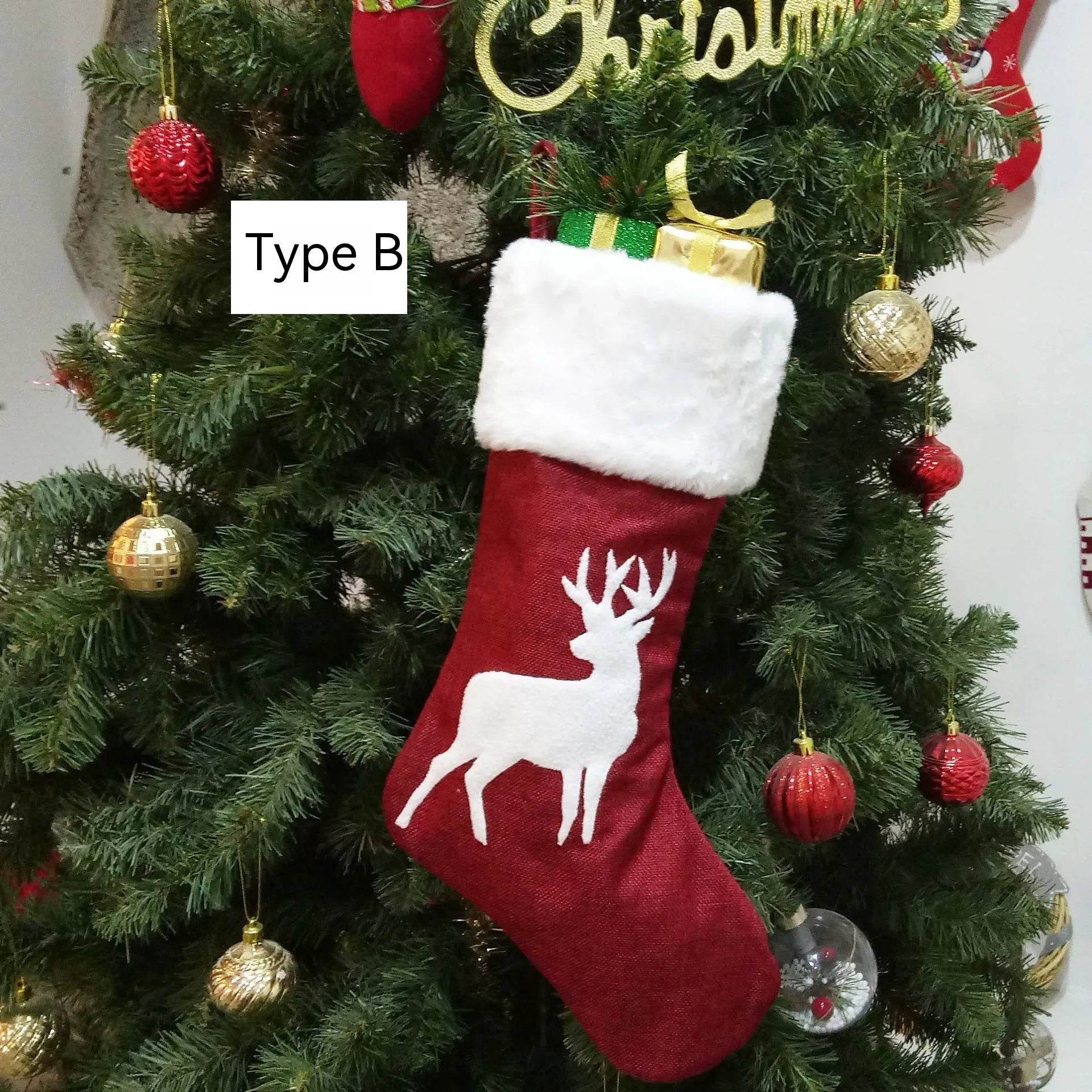 Christmas Stockings Gift Bag Red Hemp Elk Embroidery Christmas Stockings Gift Pendant 