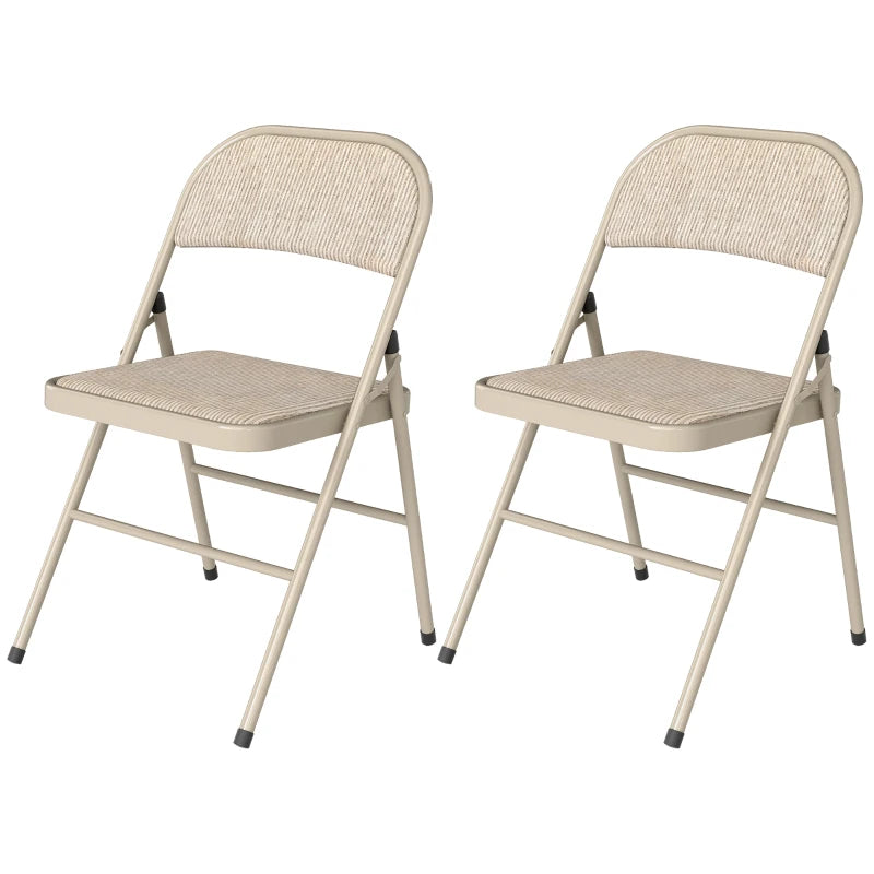 Set of 2 Metal Foldable Chairs, Linen Fabric Padded Folding Chairs with Cushion Seat and Open Back for Indoor, Beige