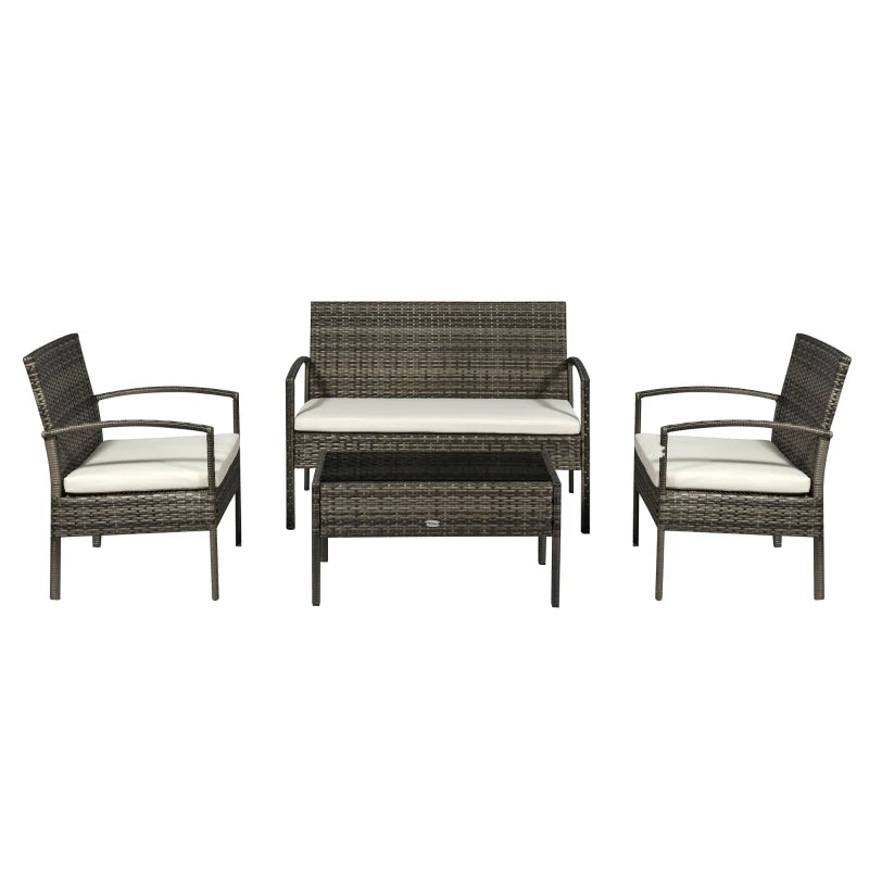 4 Pieces Patio Furniture Sets with A Loveseat, Two Armchairs and A Coffee Table, Outdoor Conversation Set with Glass Top Table, Grey PE Rattan and Cream White Cushions