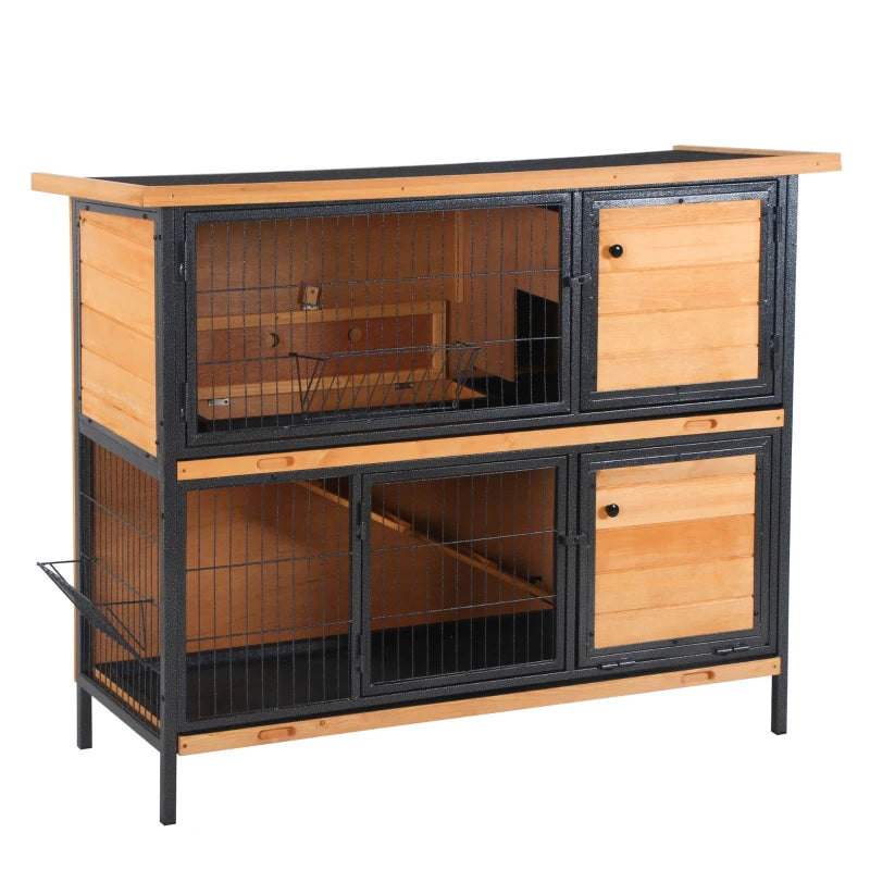 48" 2-Floor Large Rabbit Hutch Wooden Pet House Metal Frame Bunny Cage Small Animal Habitat with Ramp Feeding Trough Lockable Doors Run Area Asphalt Roof for Outdoor Use