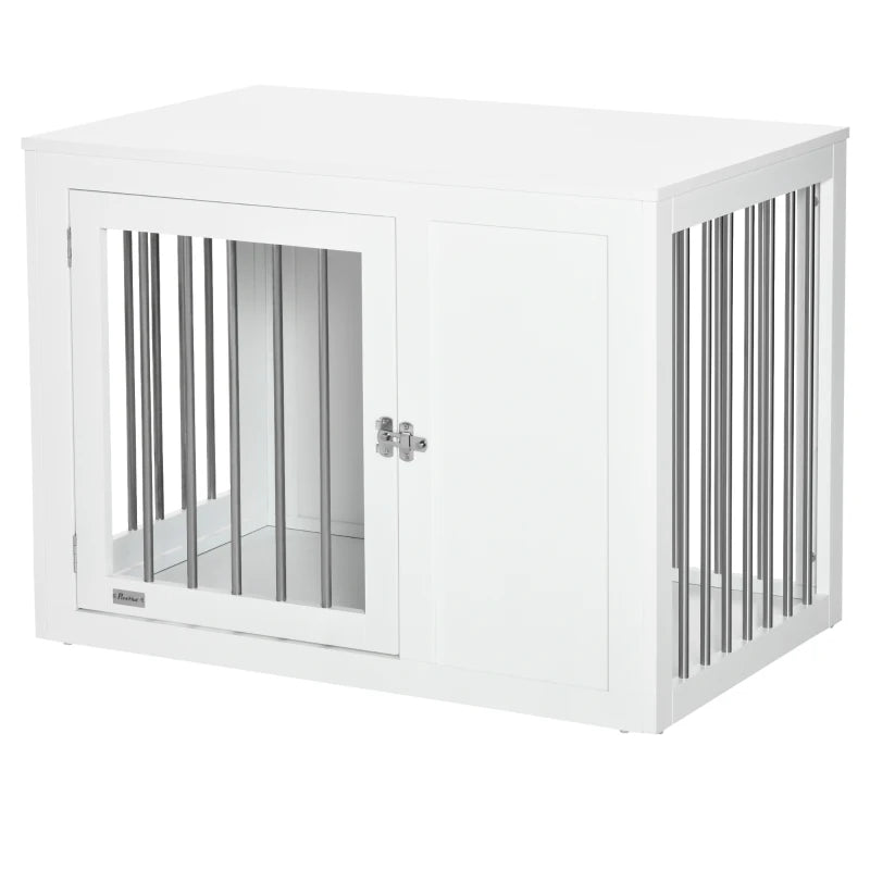 2-in-1 Dog Cage and Side Table, with Two Lockable Doors, for Medium Dogs - White