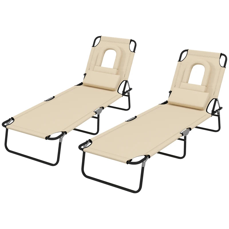 2PCS Adjustable Outdoor Lounge Chair, Garden Folding Chaise Lounge with Face Hole Reclining Tanning Chair Seat, Folding Camping Beach Lounging Bed w/ Head Support, Beige