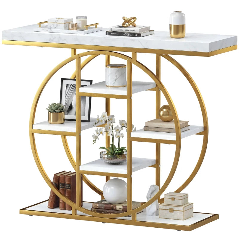 39.4" Console Table with Storage Shelves, Industrial Sofa Table for Living Room, Hallway, White Marble Effect