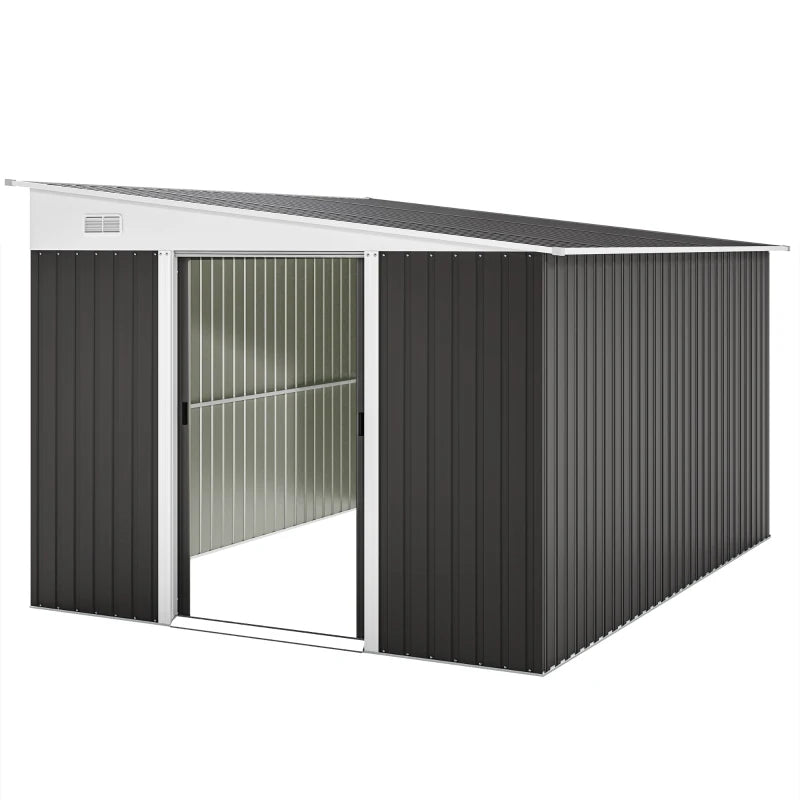 11' x 9' Steel Garden Storage Shed, Outdoor Metal Tool House with Double Sliding Doors, Dark Grey