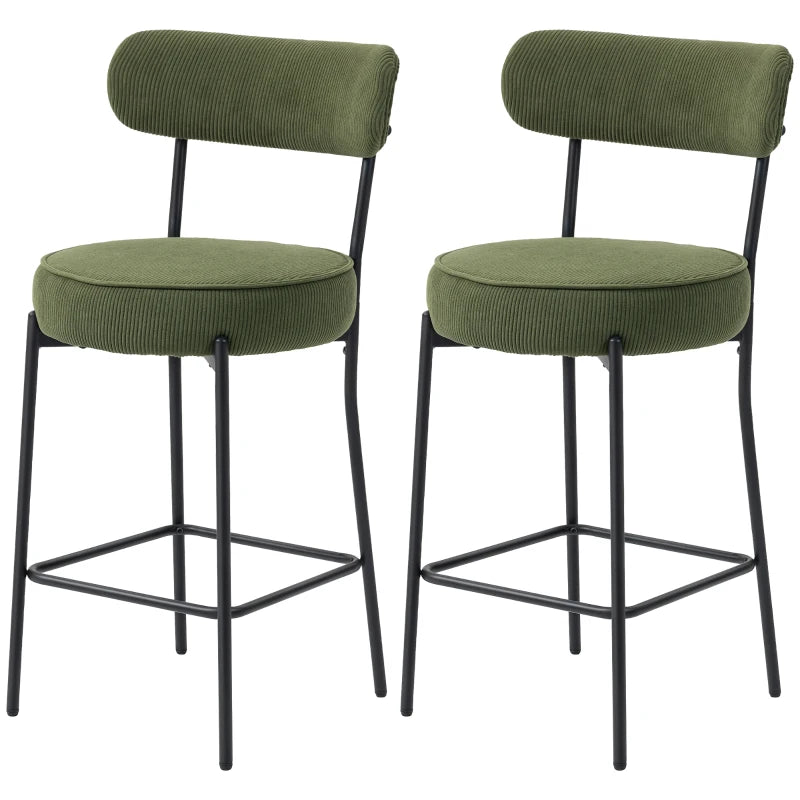 Set of 2 Barstools, Upholstered Corduroy Bar Stools with Backrest, Footrest for Kitchen Island, Dining Room, Green