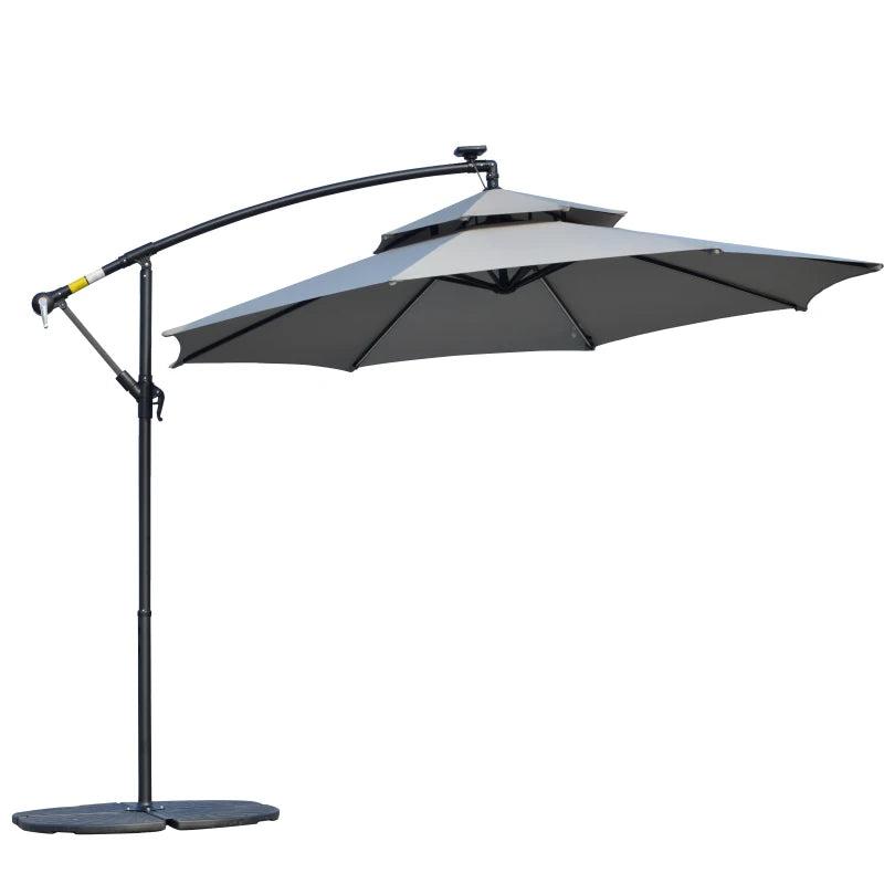 10FT Cantilever Patio Umbrella with Lights Solar Powered Offset Umbrella with Crank and Cross Base for Deck Light Grey