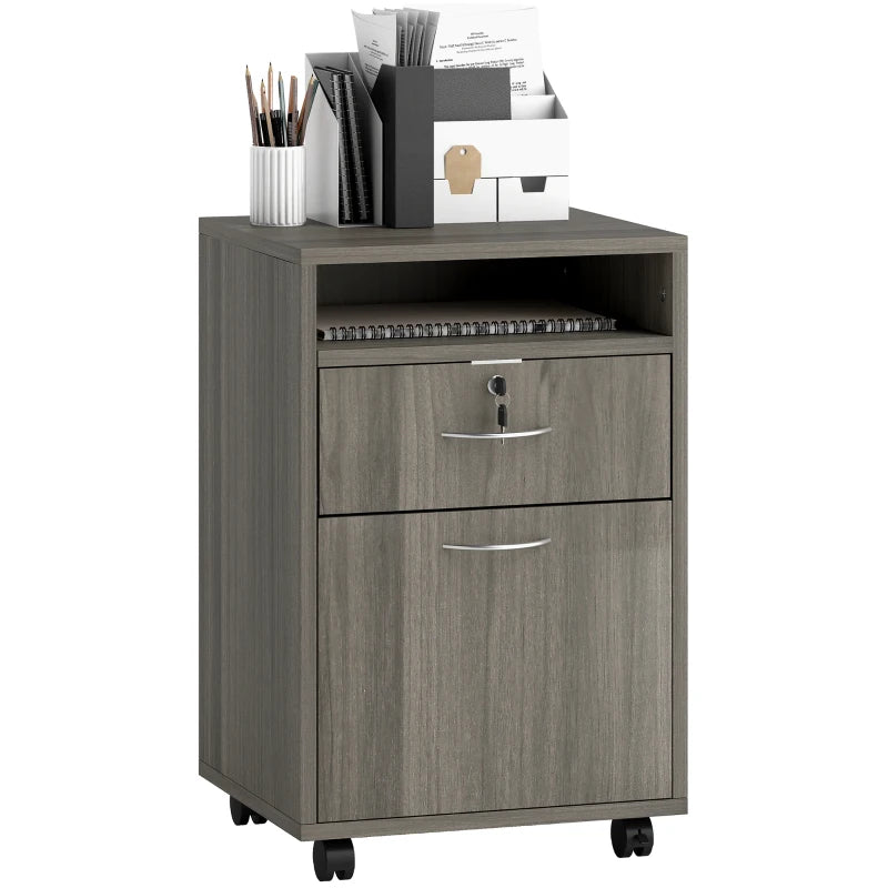 24" Filing Cabinet with Open Compartment, Lockable Drawer and Wheels, Home Office Storage Cabinet, Distressed Grey