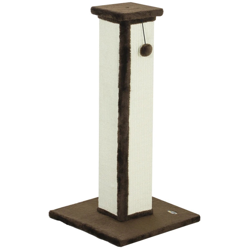 32" Tall Cat Scratching Post for Indoor Cats and Kittens, Sisal Cat Scratcher with Hanging Ball Soft Plush, Brown