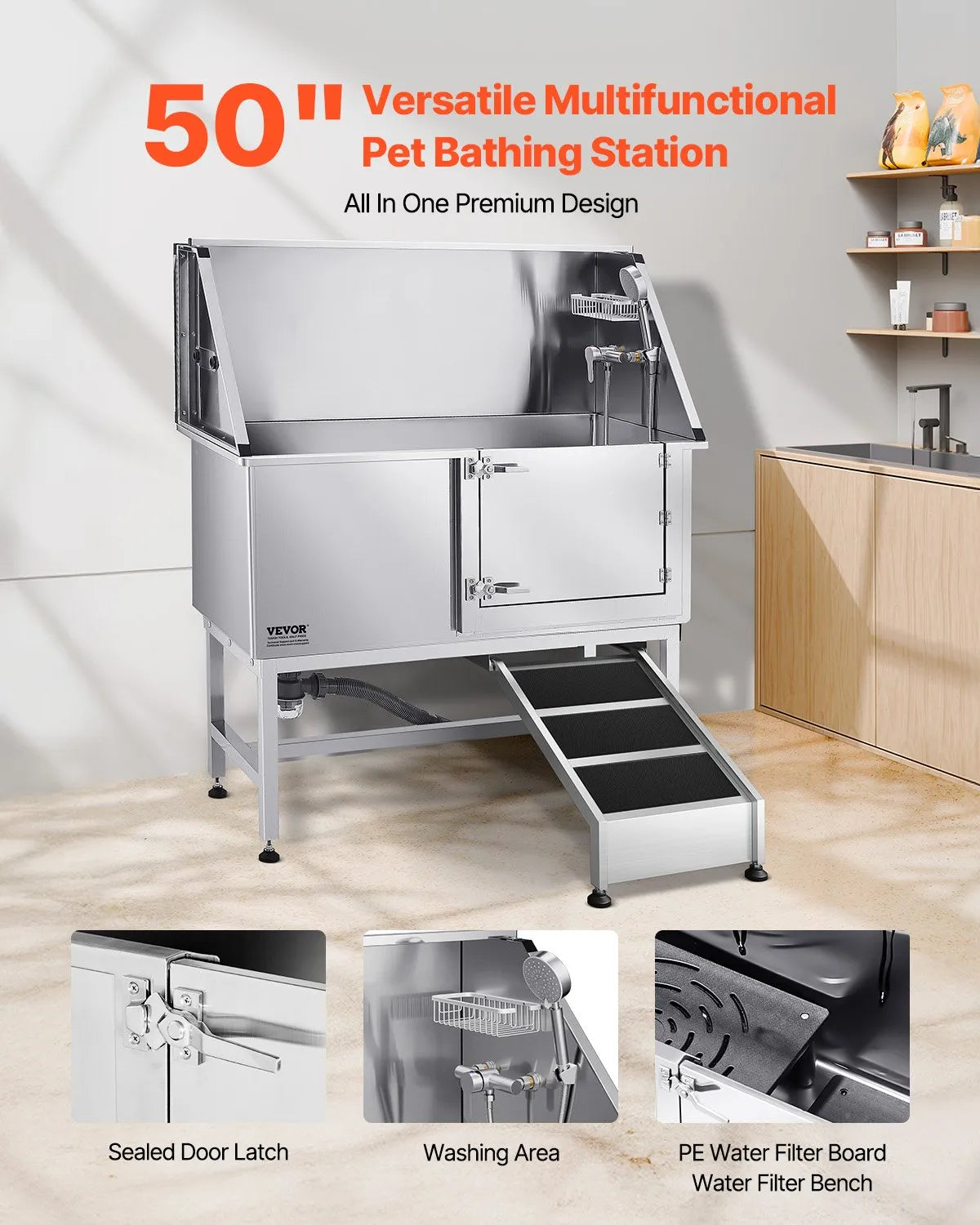 VEVOR 50 Inch Dog Grooming Bath Tub Stainless Steel w Ramp Water Filter