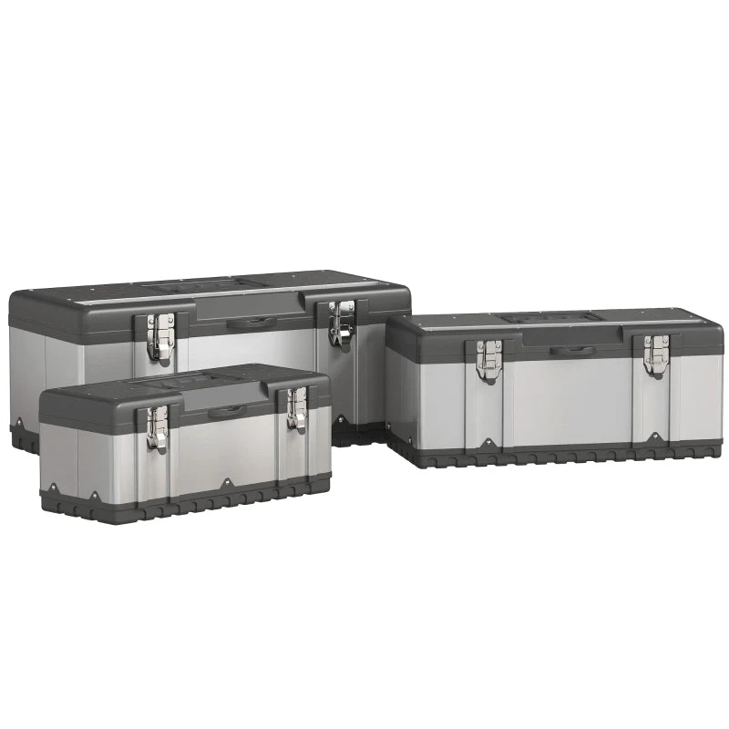3 Pieces Tool Box Set, Stainless Steel Toolbox with Tray, Handles, Latches, Tool Case for Workshop, Garage