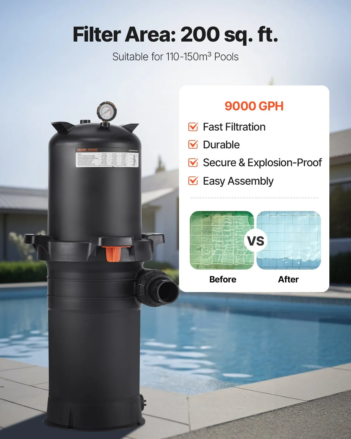 VEVOR 200 sq.ft² Cartridge Pool Filter Valve 9000 GPH Swimming Pool Filtration