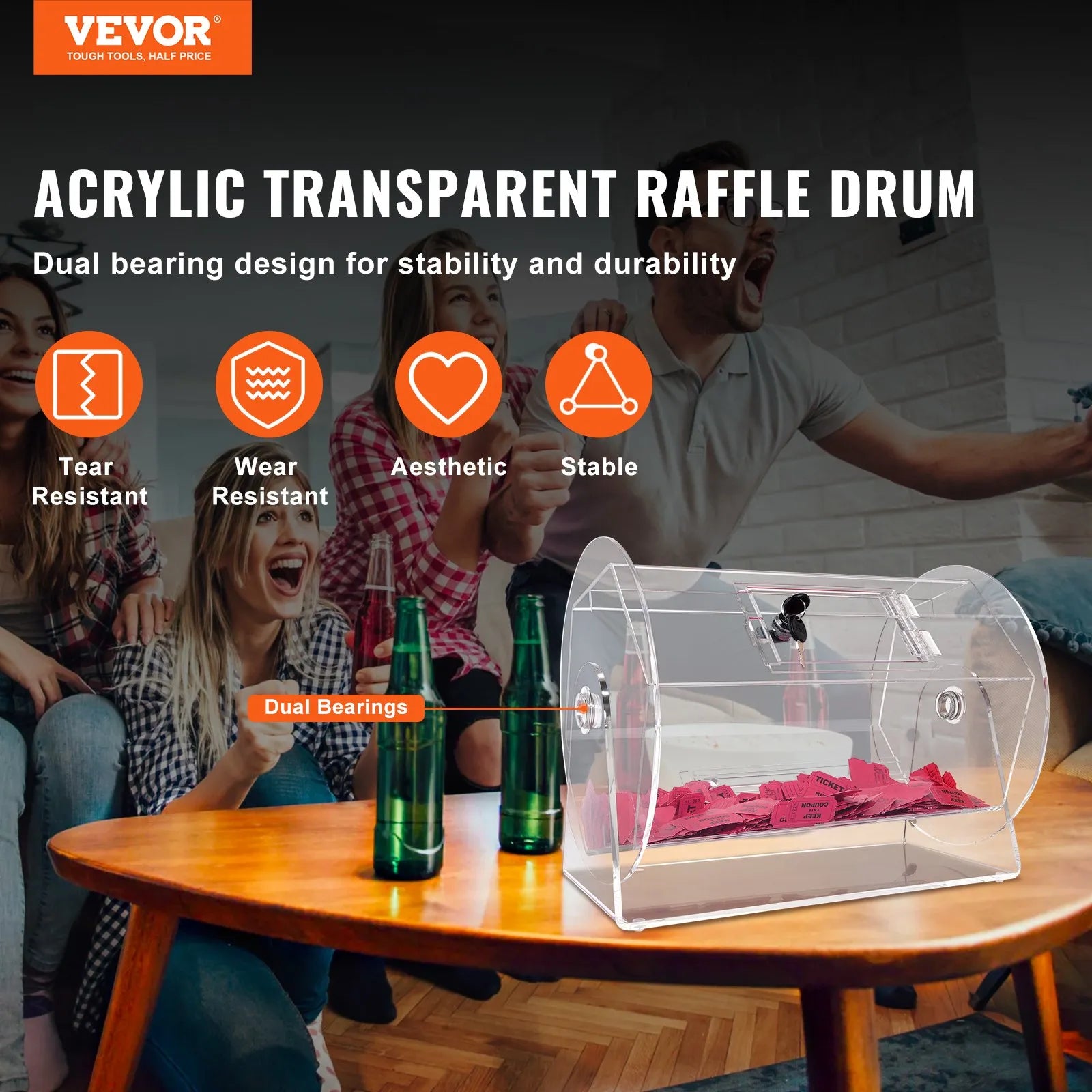 VEVOR Acrylic Raffle Drum, Holds 5000 Tickets or 200 Raffle Balls, Professional Raffle Ticket Spinning Cage with 2 Keys, Transparent Lottery Spinning Drawing, Raffle Ticket Box for Lottery Games Bingo
