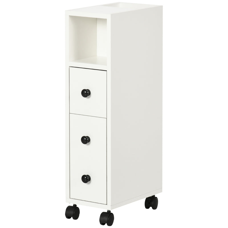 Slim Bathroom Cabinet with Wheels, Narrow Bathroom Storage Cabinet with Door, Drawer and 2 Open Compartments, White