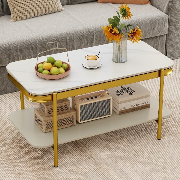 2-Tier Modern Rectangular Coffee Table with Sintered Stone Top-White