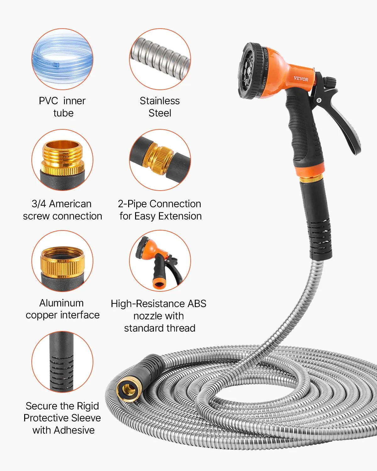VEVOR 50ft Metal Garden Hose Stainless Steel Water Hose Lightweight No Kink