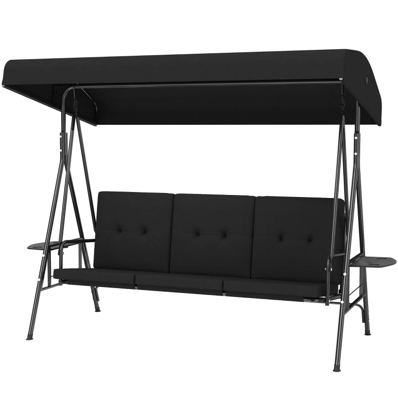3-Seat Outdoor Porch Swing Patio Swing with Adjustable Canopy, Side Tray, Removable Cushion for Garden, Poolside, Black