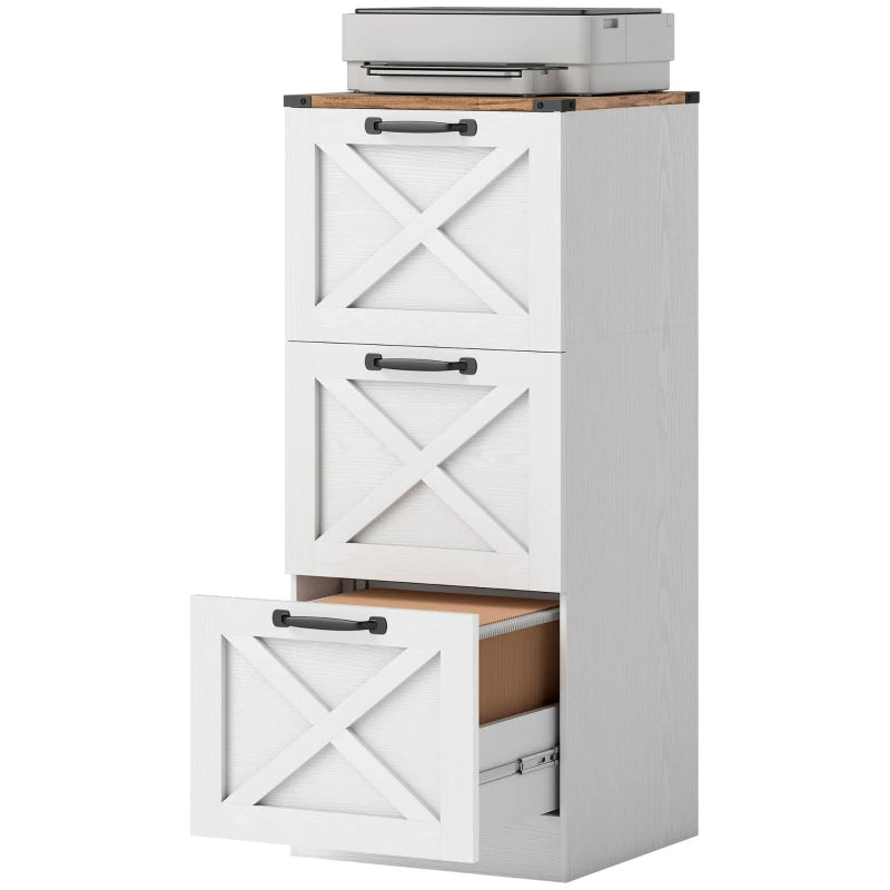 3 Drawer File Cabinet with Silent Slides, Vertical Farmhouse Filing Cabinet Fits Letter/A4 Size Home Office, White
