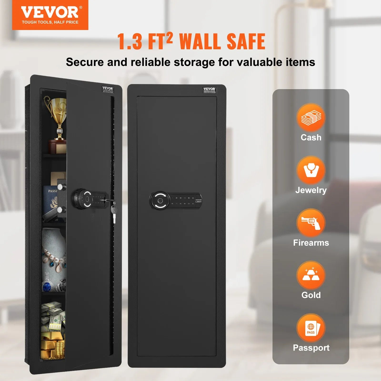 VEVOR 42.91" Tall Wall Gun Safe 4-Tier Hidden Gun Safe with Keypad & Fingerprint