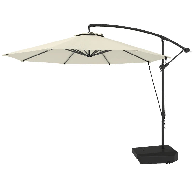10FT Cantilever Umbrella with Fillable Base, Wind Strap and Cover, Offset Hanging Umbrella with Crank, Cream White