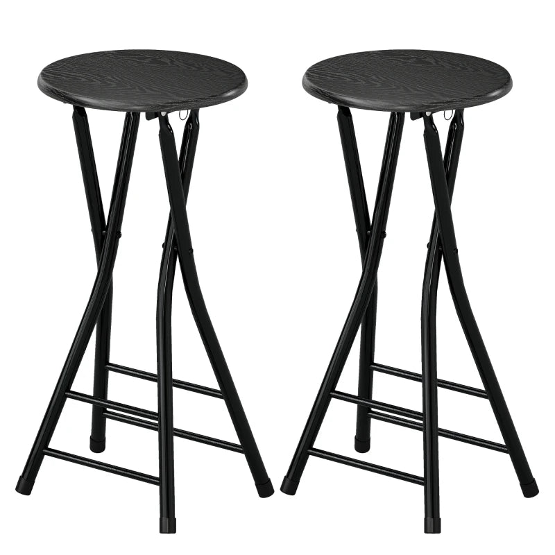 Set of 2 Foldable Barstools, Counter Height Bar Stools with Footrest and Steel Legs for Kitchen Island, Black