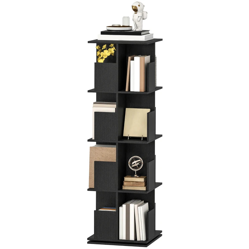 360° Rotating Bookcase with Anti-Tipping Straps, Anti-Slip Foot Pads, 4 Tier Bookshelf with 16 Cubbies for Books, Plants, Decorations, Black