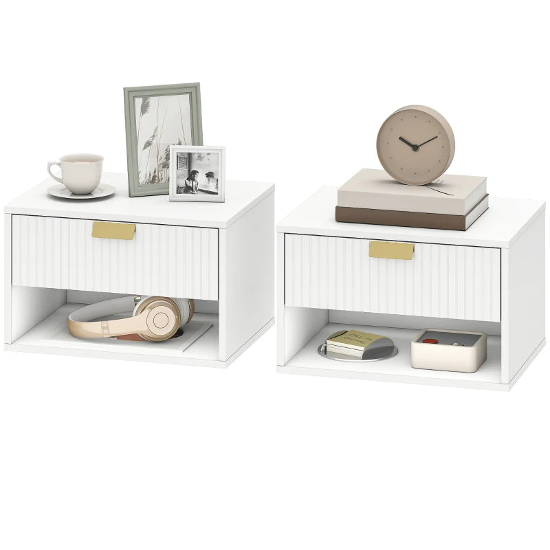 Set of 2 Wall Mounted Bedside Tables, Floating Nightstands with Fluted Drawer and Open Shelf for Bedroom, White