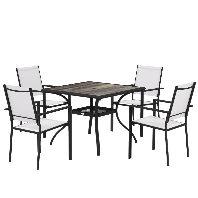 5 Piece Outdoor Patio Dining Set, Dining Table and 4 Stackable Chairs with Umbrella Hole, Shelf