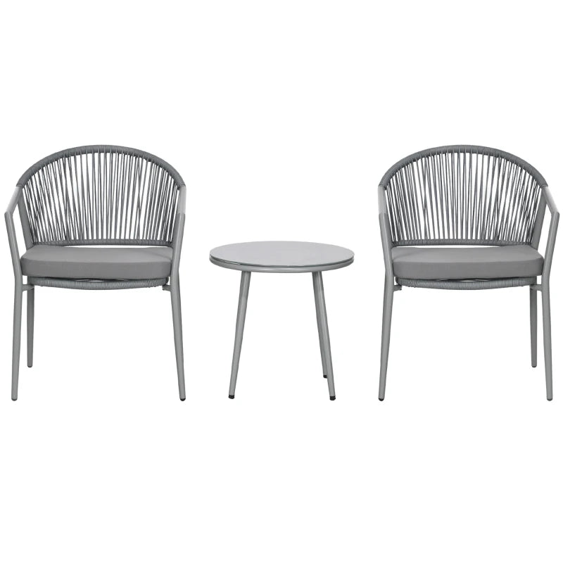 3-Piece Rattan Bistro Set, Garden Seating Group with 2 Armchairs and Coffee Table, Balcony Furniture Set, Grey