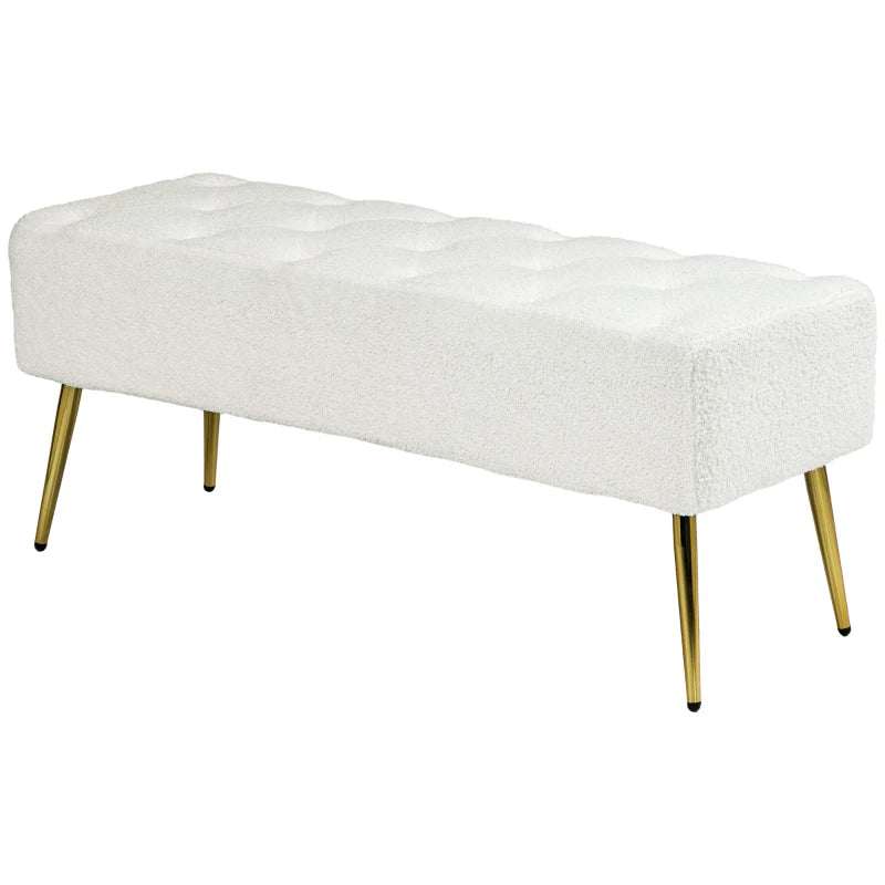44" Lamb's Wool-Feel Upholstered Bedroom Bench, End of Bed Bench with Thick Padded Cushion and Steel Legs, Cream White