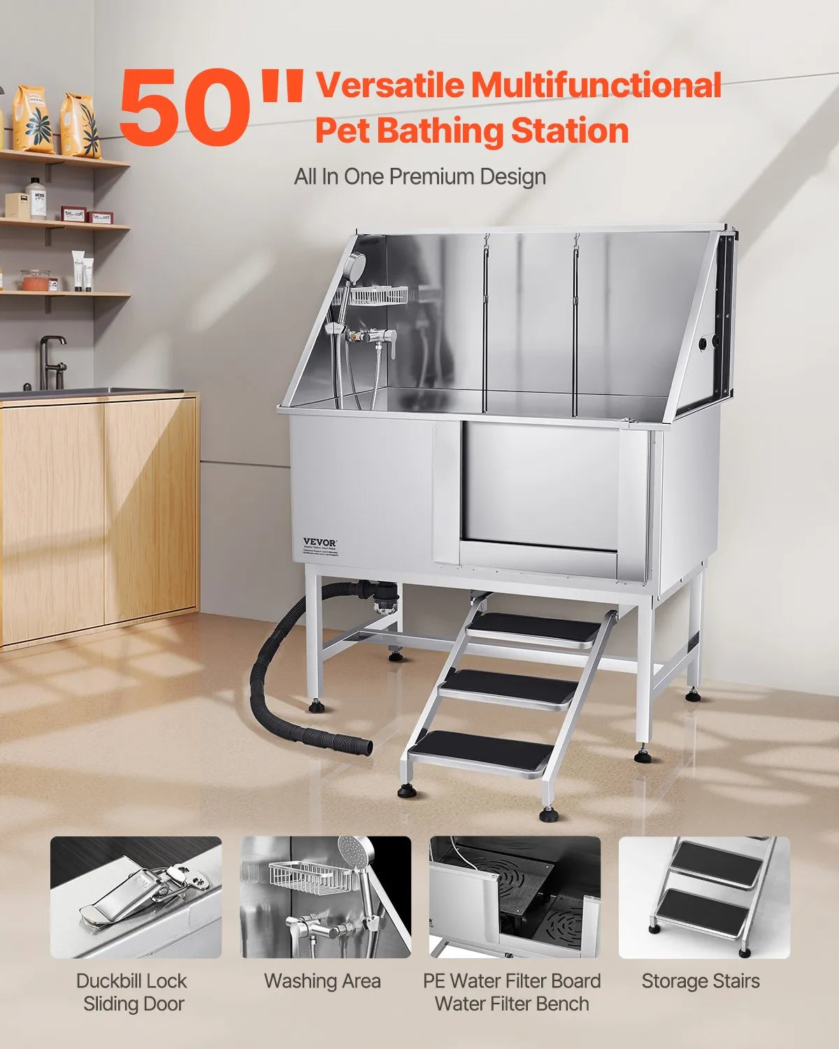 VEVOR 50 Inch Dog Grooming Bath Tub Stainless Steel w Stairs Water Filter