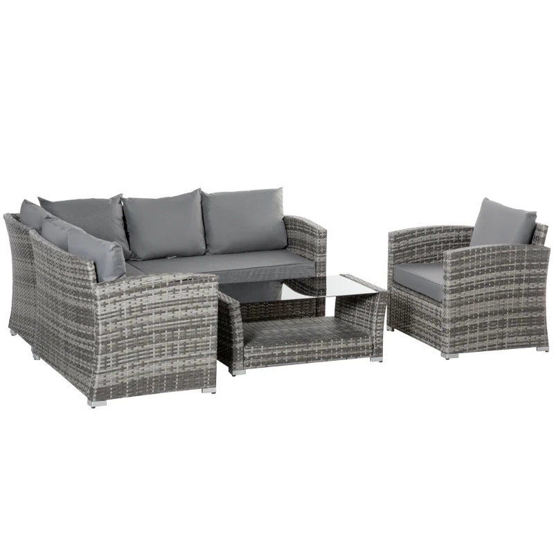 5 Pieces Wicker Patio Furniture Set with 4" Thick Cushions, Outdoor PE Rattan Garden Conversation Sectional Sofa Set with Glass Top Two-tier Coffee Table, Grey