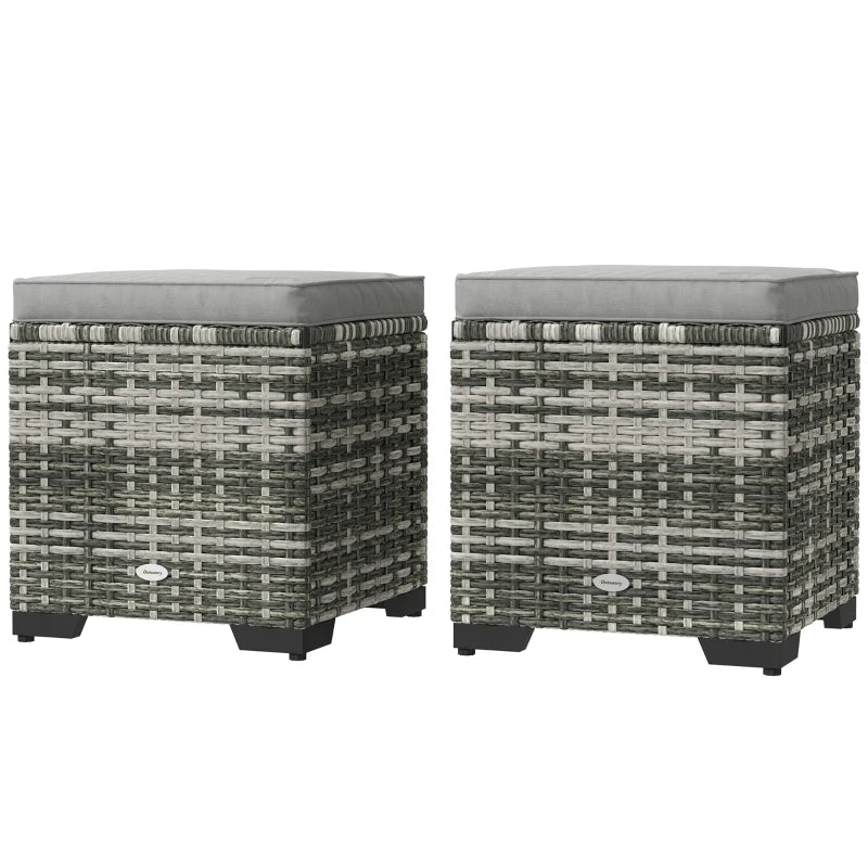 Set of 2 Wicker Ottoman, Outdoor Footstool with Storage & Removable Cushions for Poolside, Patio, Deck, Grey